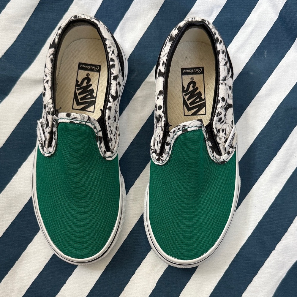 Vans Kids  CUSTOM Slip-On Shoes- green and skull print